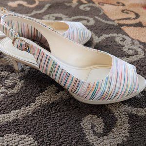 Cream/Beige Multi-Colored Slingback Kitten Heels